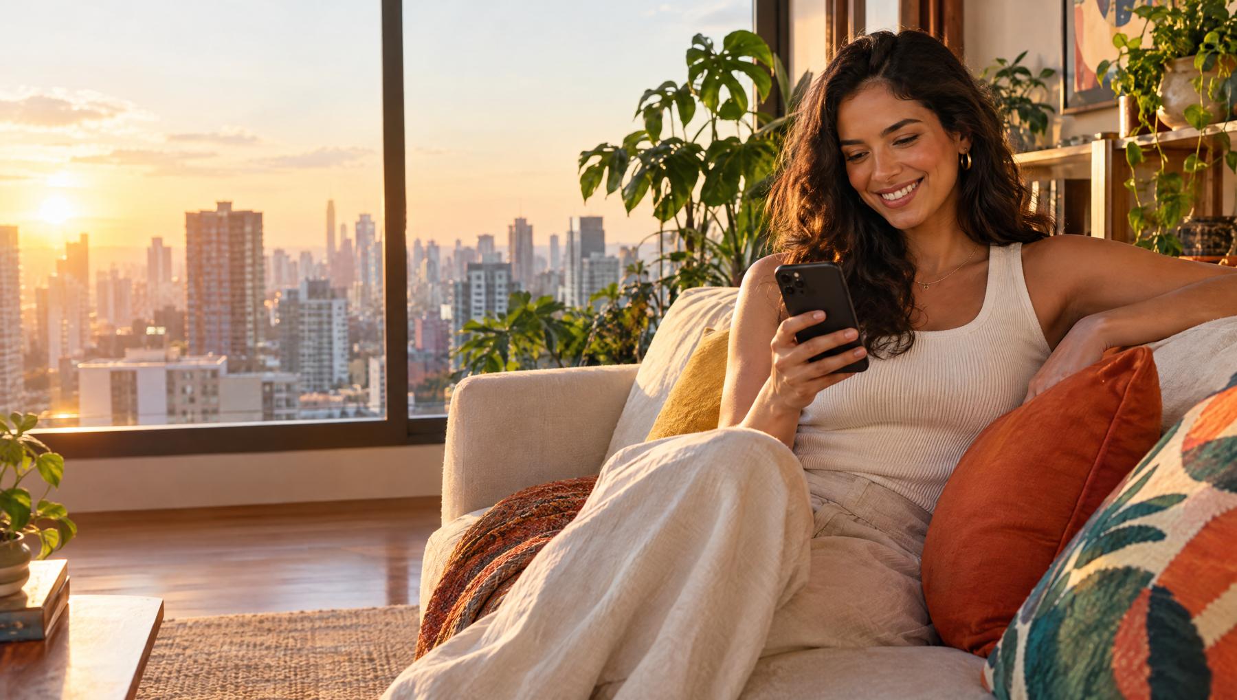 Mulher sorrindo no sofá de casa, em São Paulo, olhando o celular no fim da tarde