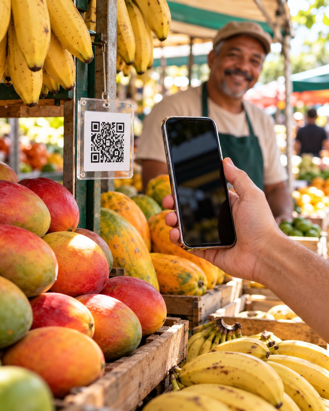 Mão segurando o celular diante de uma placa de QR Pix numa banca de frutas de feira livre em São Paulo
