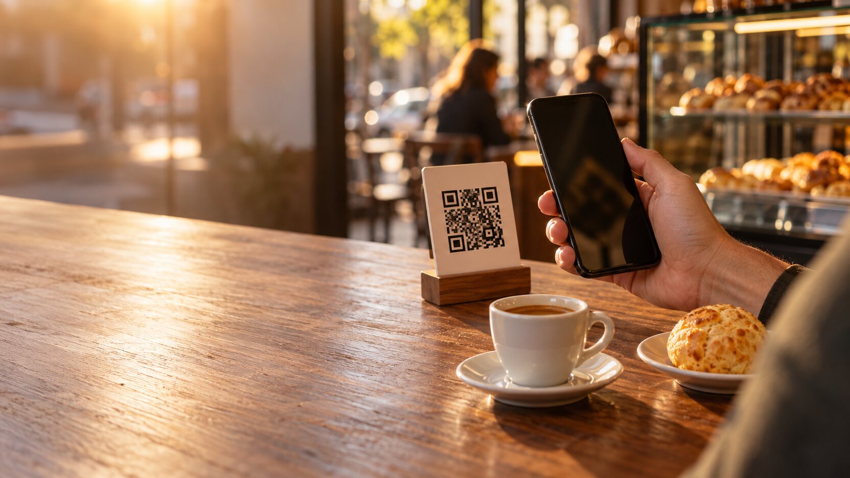 Mão segurando o celular apontado para um QR Pix no balcão de uma padaria em São Paulo, no fim da tarde