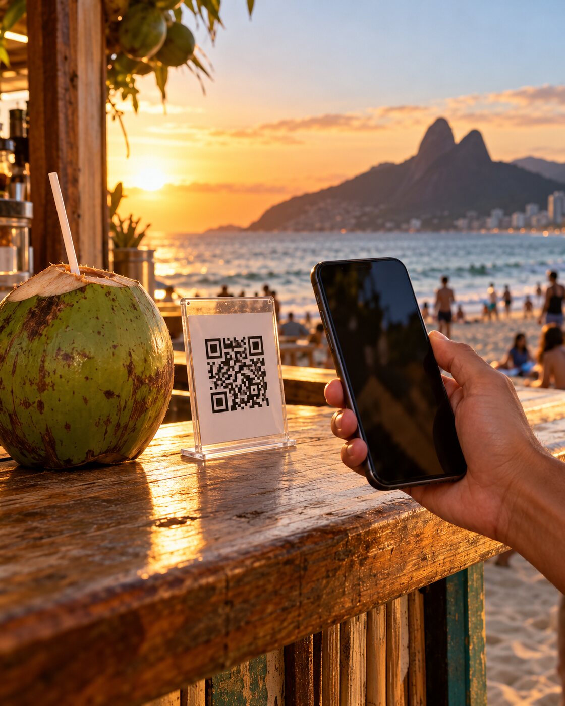 Coco verde e placa de QR Pix no balcão de um quiosque de praia no Rio de Janeiro, ao pôr do sol